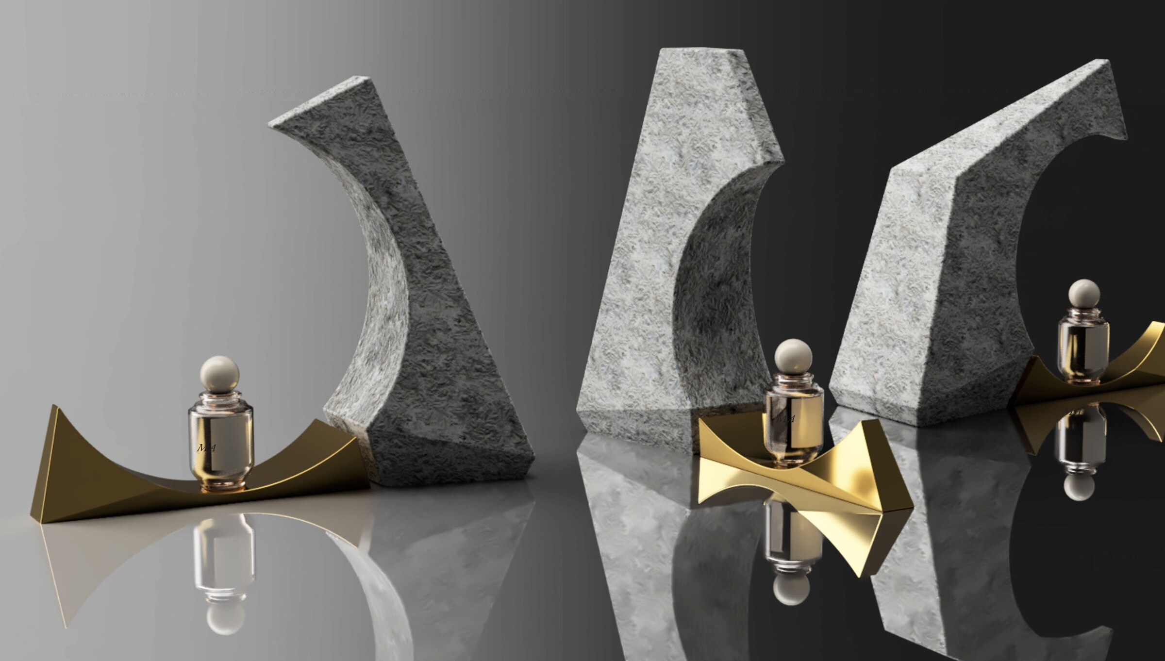 Three Observer obelisks in reflection — sculptural ritual objects that outlive their contents.