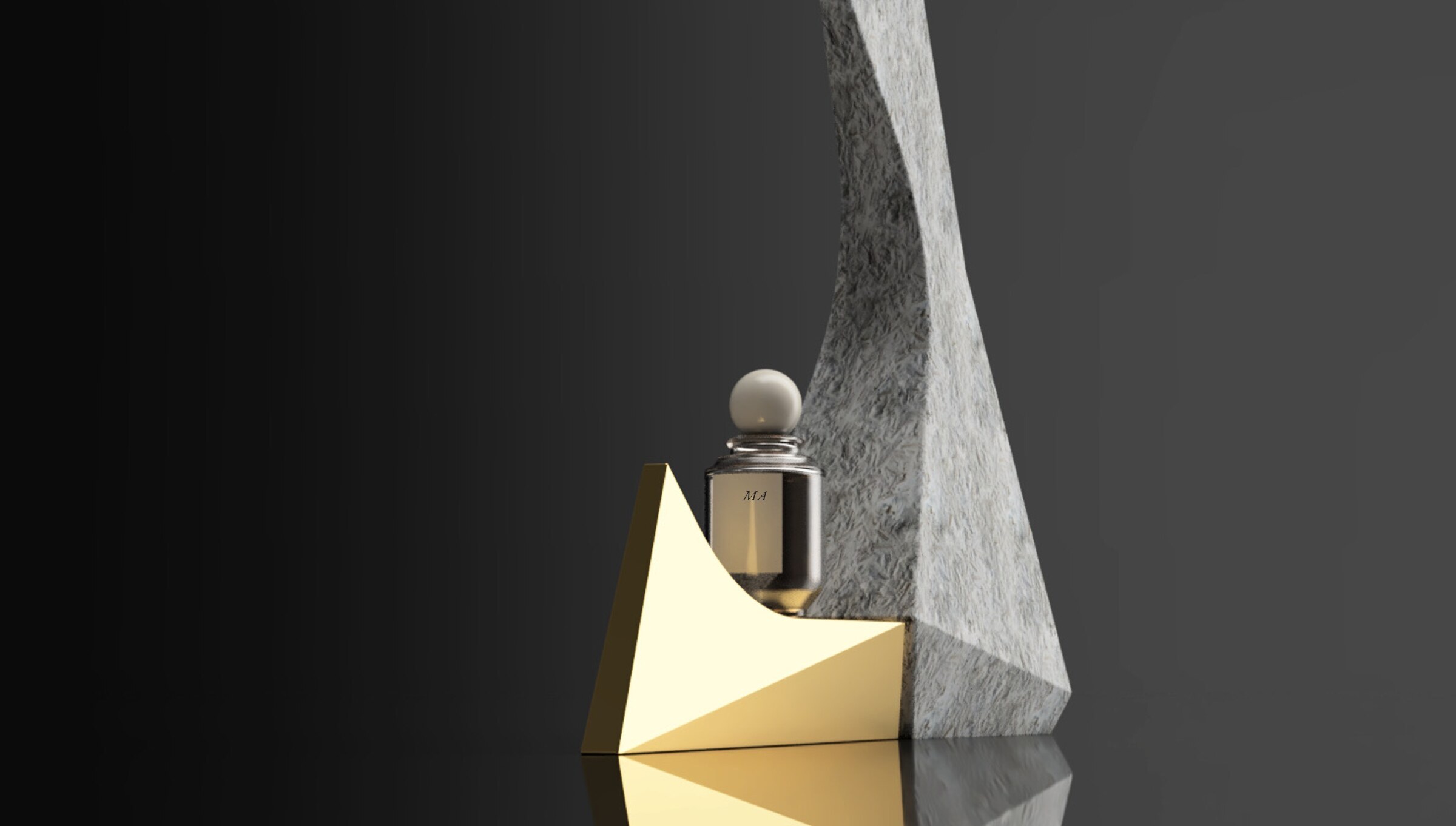 The Master — Concept 02D. A tall grown form of mycelium set against brass — impermanence held upright.