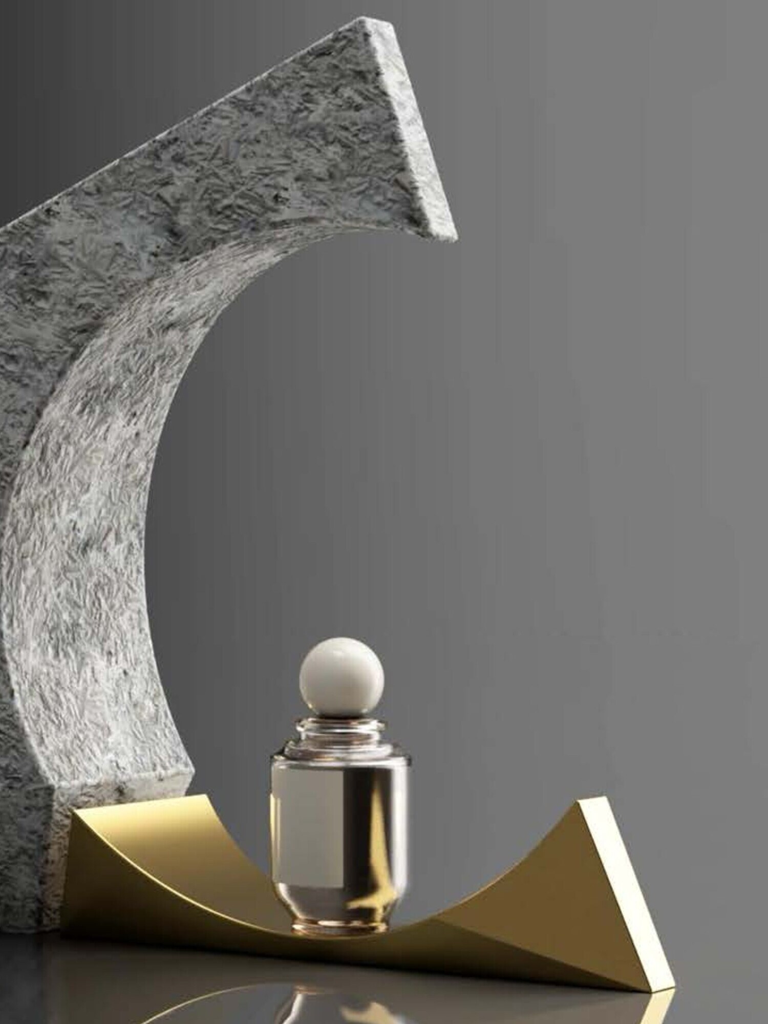 The Host — Concept 02A. An arch of mycelium cradled in brass, the pale vessel at its threshold.