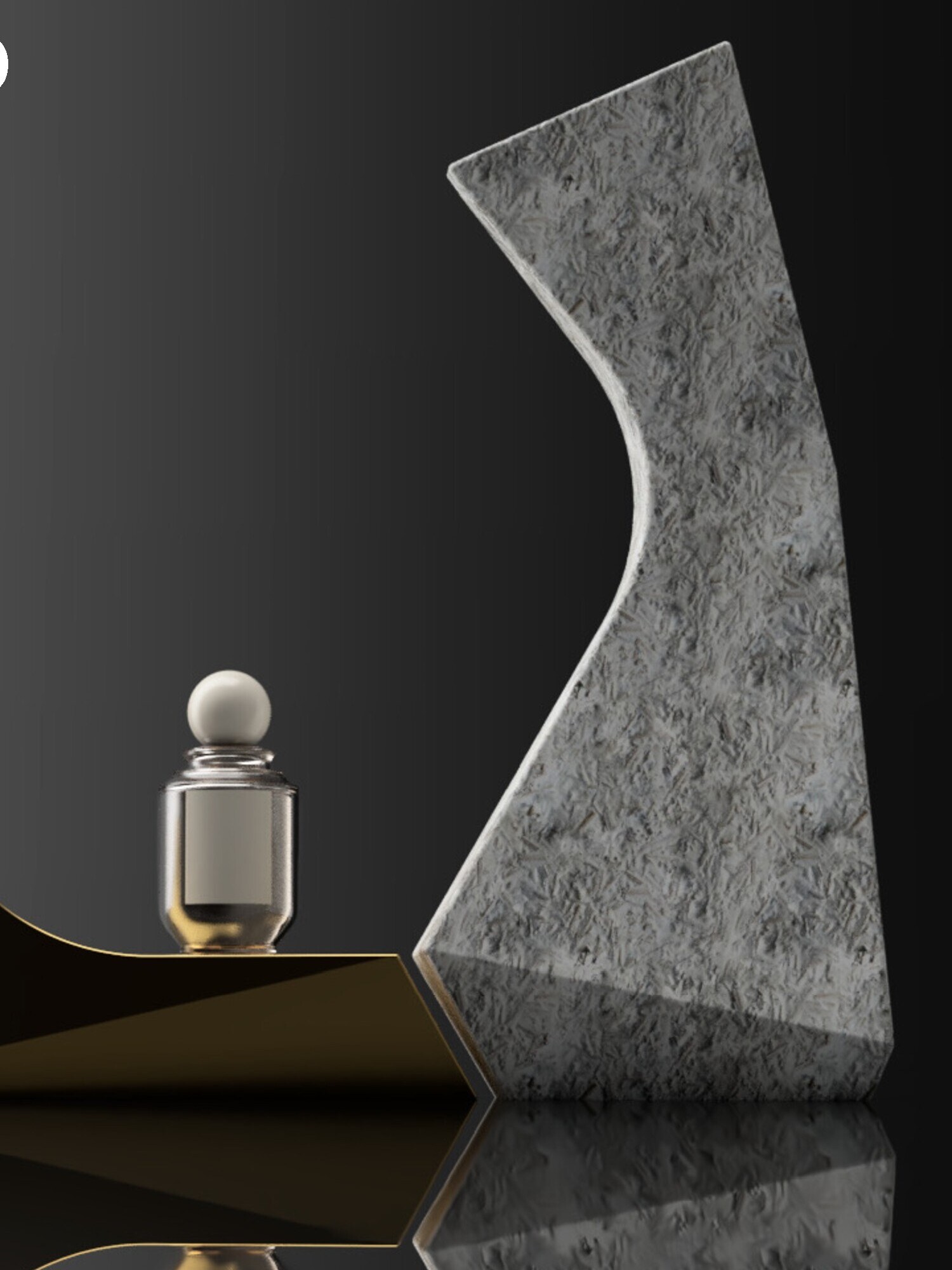 The Master — Concept 02D. A tall grown form of mycelium set against brass — impermanence held upright.