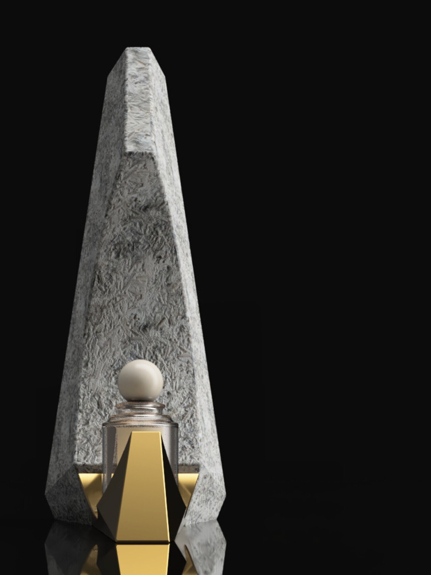 The Observer — Concept 02E. A single obelisk in mycelium and brass — restraint given a form.