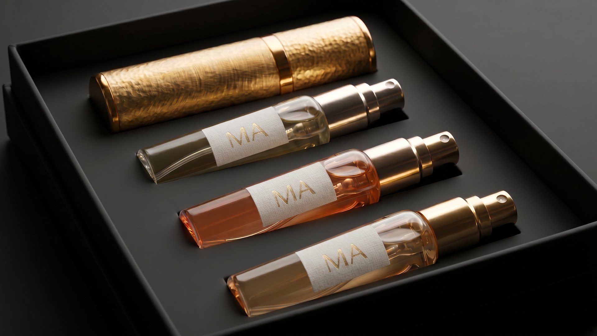 The Sets — a trio of MA-labelled flacons in a black lacquered presentation box.